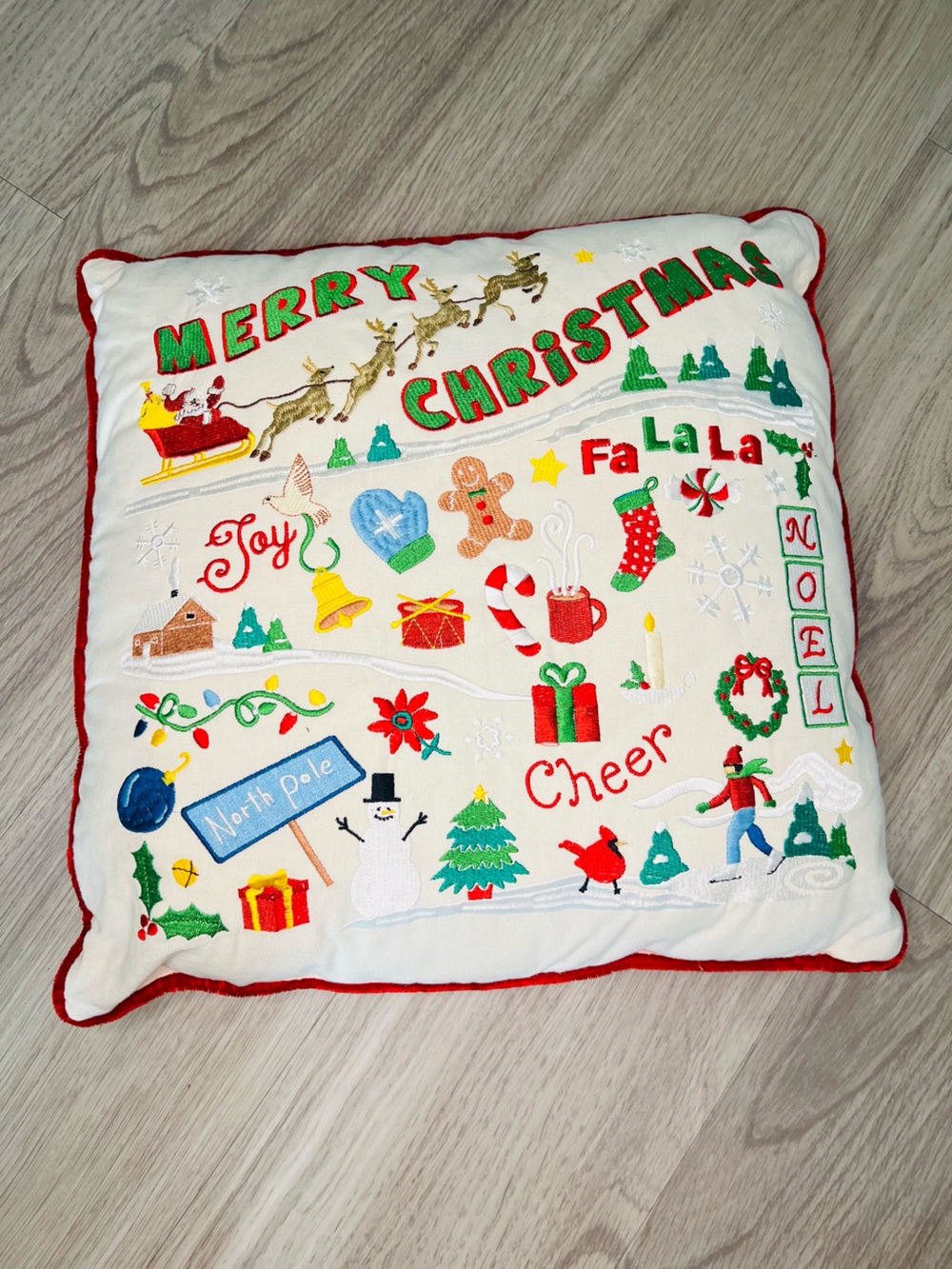 Holiday Accent Pillow Embroidered Merry Christmas Cheer Noel Red White Decor